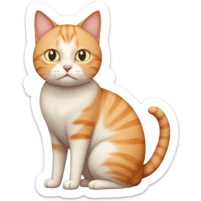 full body white, ginger and tabby cat with skinny head and fat body with an anxious face sticker