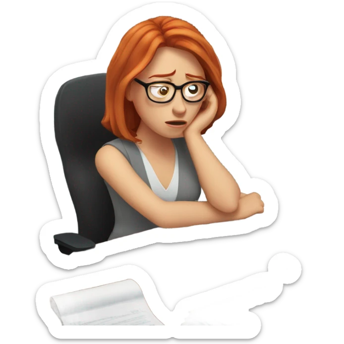red hair woman wearing glasses sleeping frustrated desk monitor stack paper sticker