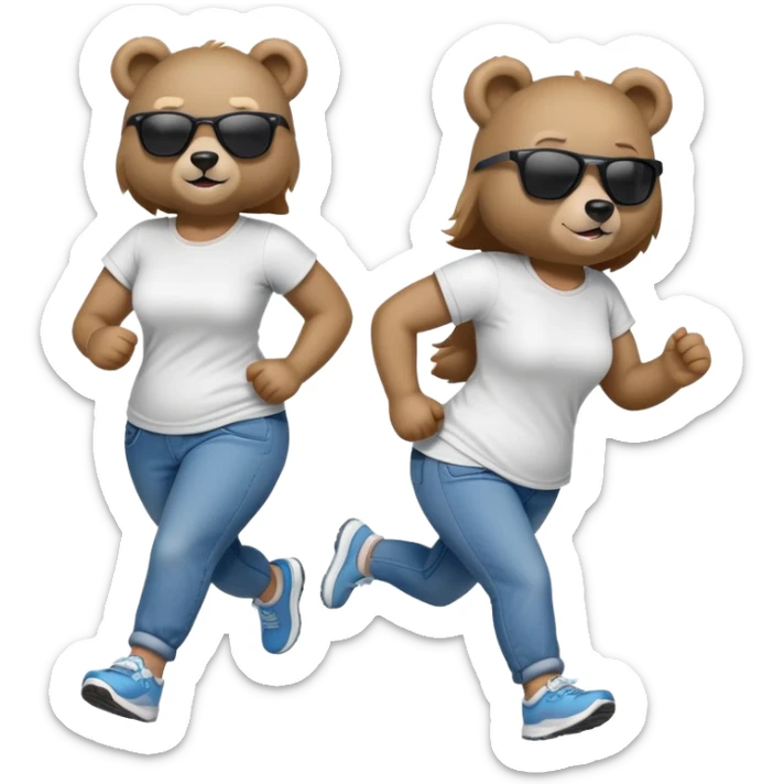 friendly anthropomorphised female bear in jeans and a t-shirt, wearing dark sunglasses, jogging upright in relaxed pose sticker