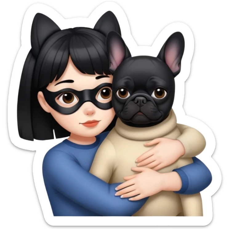 girl with short black straight bangs hair wearing a mask and hugging a black French bulldog sticker