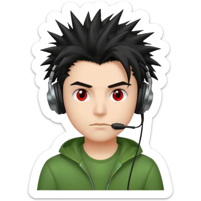chico pelo medio largo ojos rojos y una camisa verde pelo tipo spike y unos audifonos pelo negro y mas voñuminoso sticker
