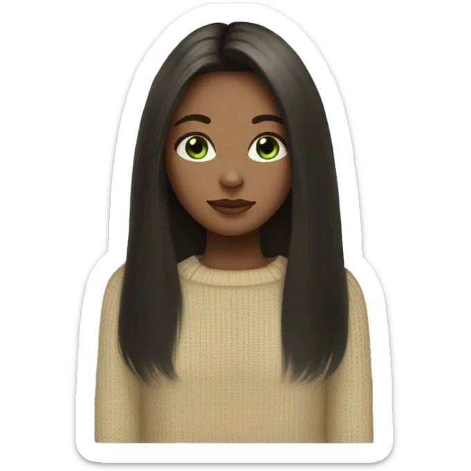 Girl with black straight long hair pale skin light green eyes and beige sweater  sticker
