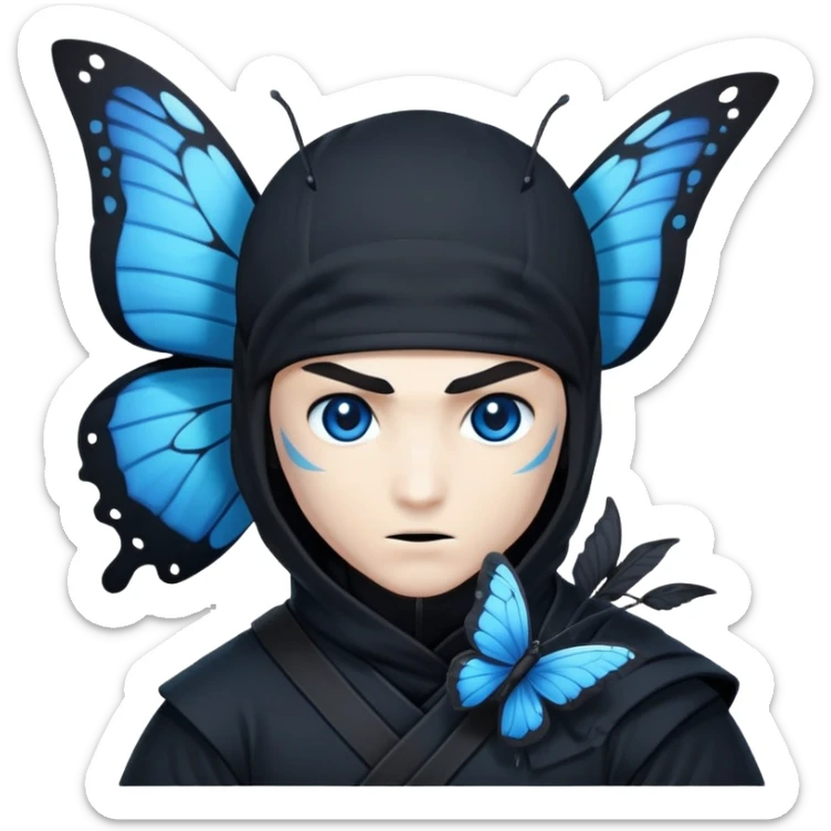 Emoji para usar en WhatsApp con estos dos emoji 🥷🏻 🦋.
Ninja vestido de negro con los ojos negros y con la piel blanca y una mariposa azul posada en su hombro izquierdo como si la mariposa estuviera volando en el hombro. sticker