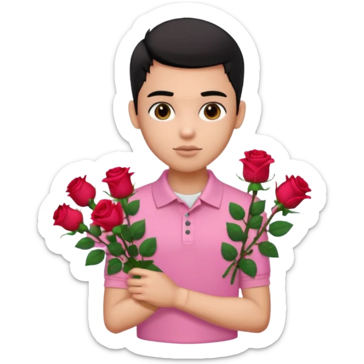generate a pretty bratz boy wearing a pink polo shirt. Black middle part hair. handsome carrying flowers sticker