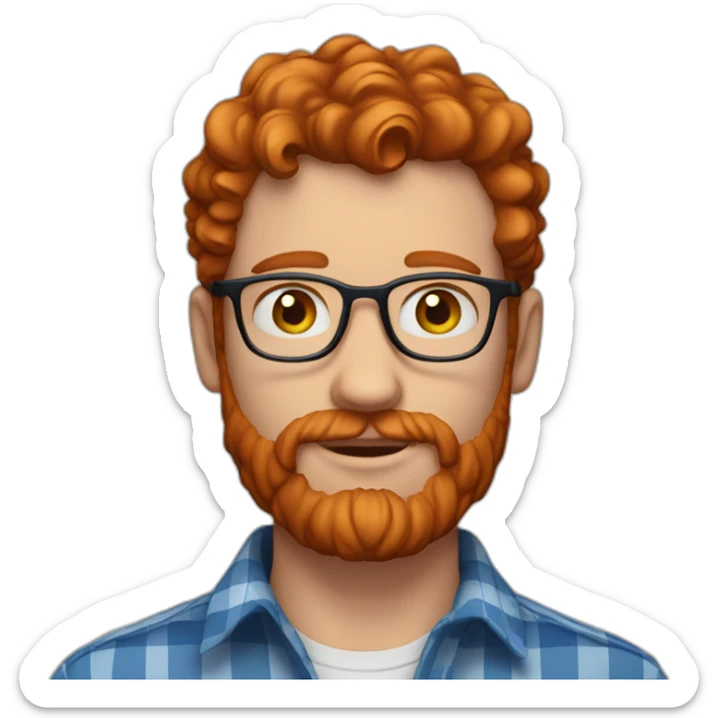 man. around 25. redhead. blue eyes. short mid curly hair. with beard and glasses. scarlet checked shirt sticker