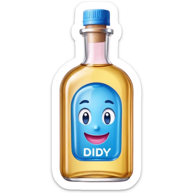 Smiling bottle of oil blue top pink outside with logo that says diddy oil sticker