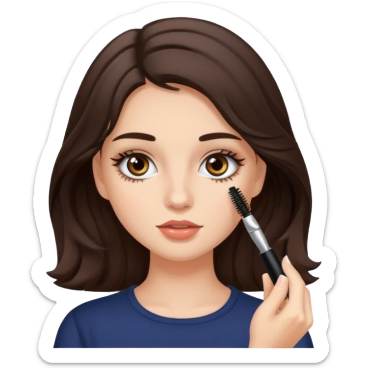 Garota branca de cabelos levemente ondulados castanhos escuros médio aplicando máscara de cílios sticker