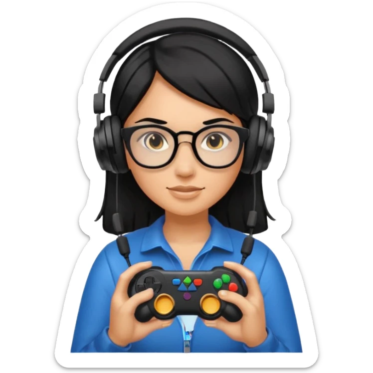 
gamer, woman shiny black hair no eyebrows with glasses, headphone, gamepad sticker
