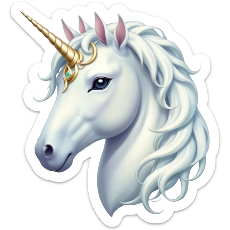 Beautiful and Majestic White Unicorn Portrait Emoji, Head and body exuding serene brilliance with a luminous, flowing mane and a gracefully spiraled horn, eyes gently closed in peaceful reverie, Simplified yet exquisitely enchanting features, highly detailed, glowing with a soft, celestial light, high shine, serene and utterly majestic, stylized with an air of timeless fantasy, soft glowing outline, capturing the essence of a beautiful and majestic white unicorn that embodies the pure magic of legend! sticker