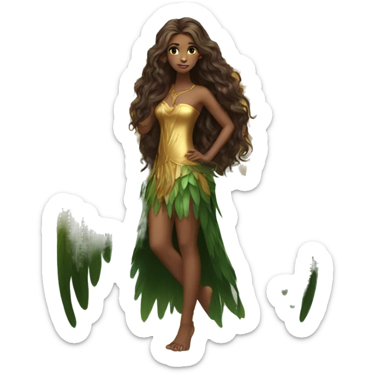big wings, Beautiful, fairy, gold, brown, dark green, green, long hair sticker