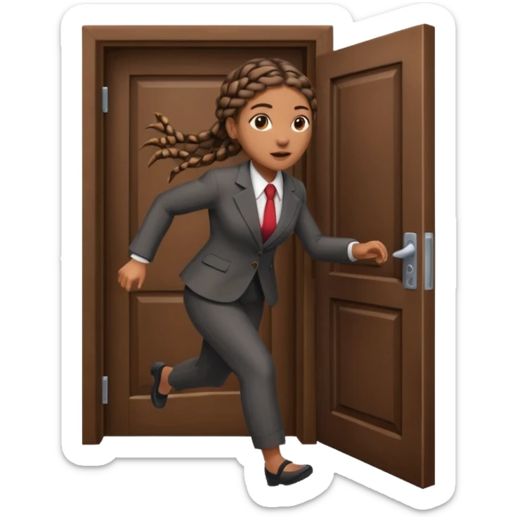 brown skinned female with braids in business attire running out of door sticker