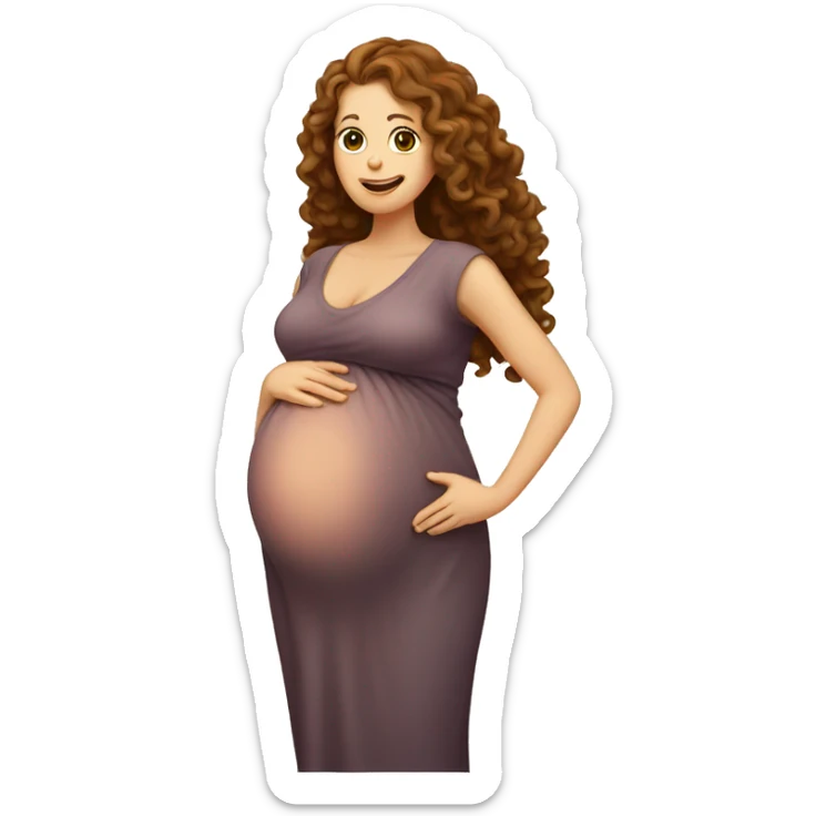 Pregnant white lady with long, brown, curly hair holding her belly sticker