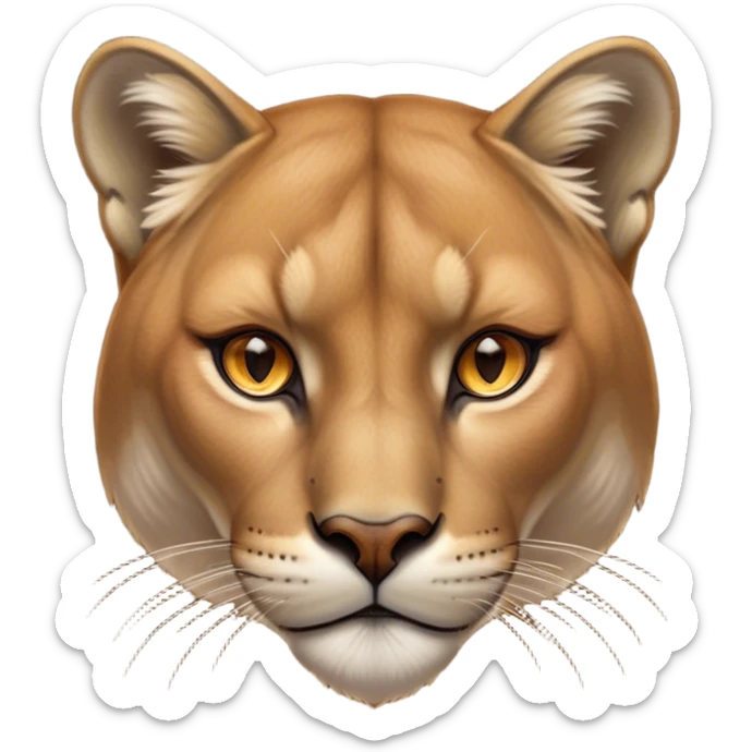 Cinematic Noble Cougar Portrait Emoji, Poised and regal, with a lithe, muscular build and a sleek, tawny Fur with subtle dark accents, deep-set soulful amber eyes, Simplified yet sharp and sophisticated features, highly detailed, glowing with a warm, dignified glow, high shine, intelligent and stealthy, stylized with an air of wild elegance, focused and attentive, soft glowing outline, capturing the essence of a watchful and confident predator, so majestic it feels as though it could silently pounce out of the screen with effortless authority! sticker