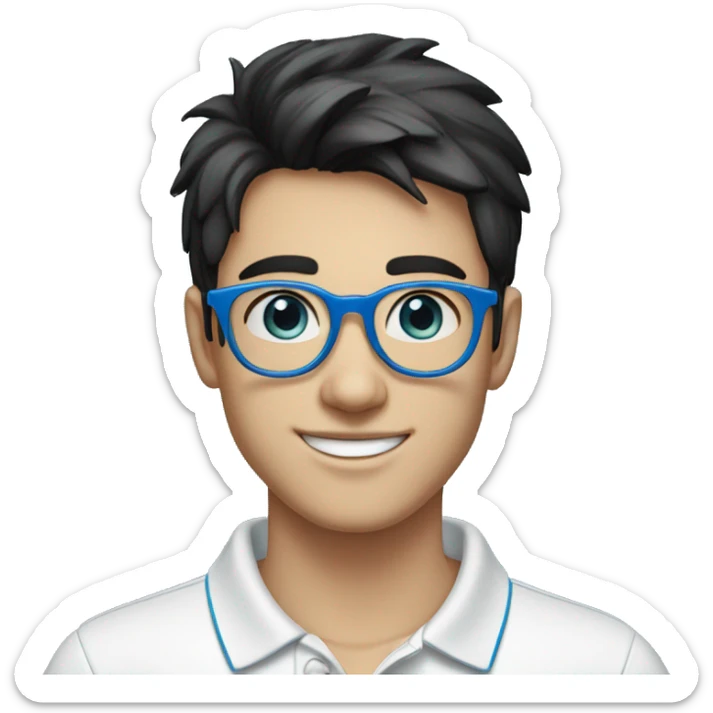 happy young man in his 20s, with black hair, blue eyes and light blue round glasses, white polo shirt with blue collar sticker