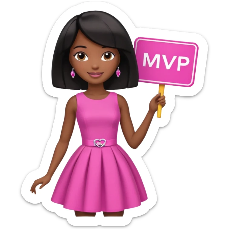 Dark skin Black barbie, short  black bob  hair, pink dress with a sign that says mvp sticker