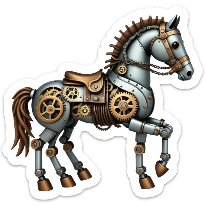 Horse made of visible mechanical parts with gears, cogs, wires, and rope components, steampunk style sticker