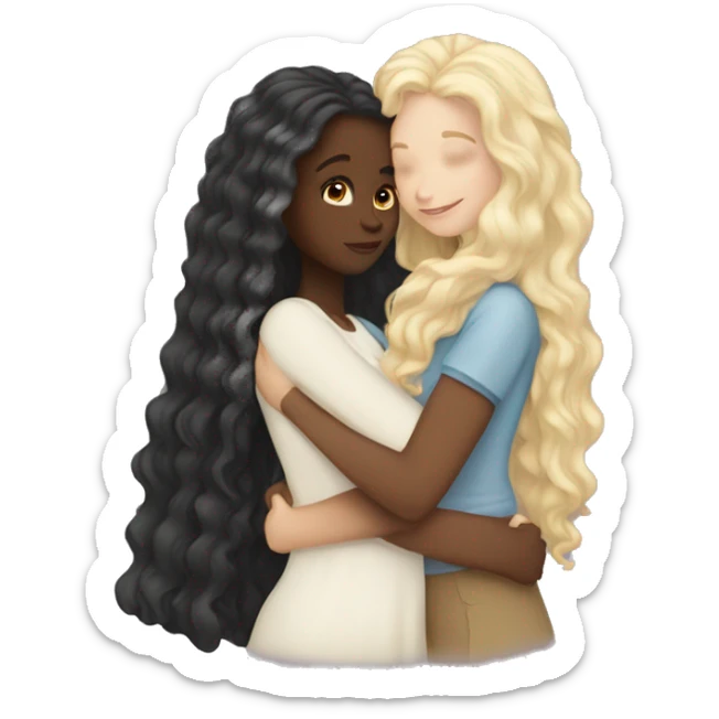 black girl with long curly hair hugging white girl with long brown hair sticker