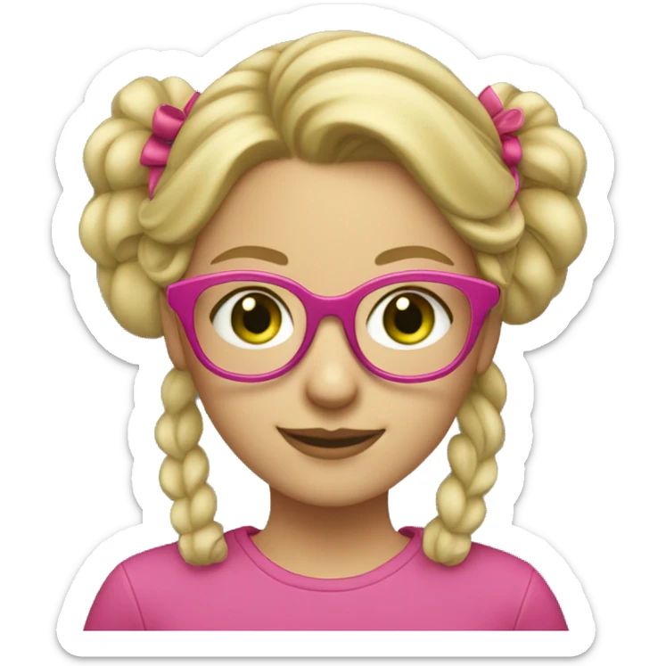 blonde girl in pink glasses, hairstyle in two bunches on her head. She has green eyes, a beautiful smile sticker