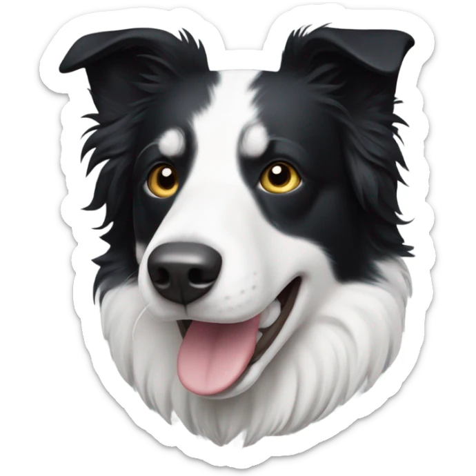 A black and white border collie with an skewed to the left white spot on his head sticker