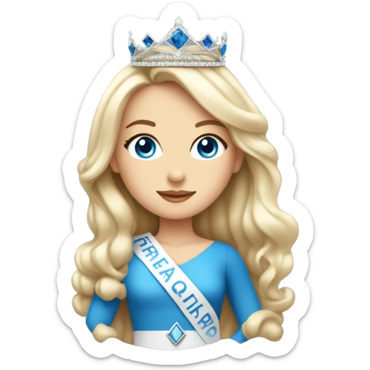 White girl  with blue eyes Pageant queen with sash trimmed in blackand crown on full body sticker