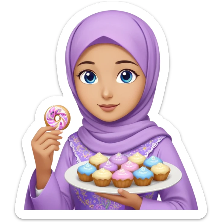 Turkish beautiful finish Konya girl blue eyes with lilac floral hijab islamic dress and had on her hand text Eid Mubarak with sweets and celebrating with her friends eid days   sticker
