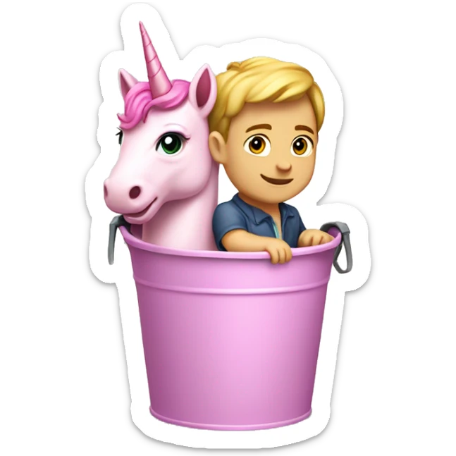 A Caucasian Burnett, baby riding a pink unicorn in a bucket sticker