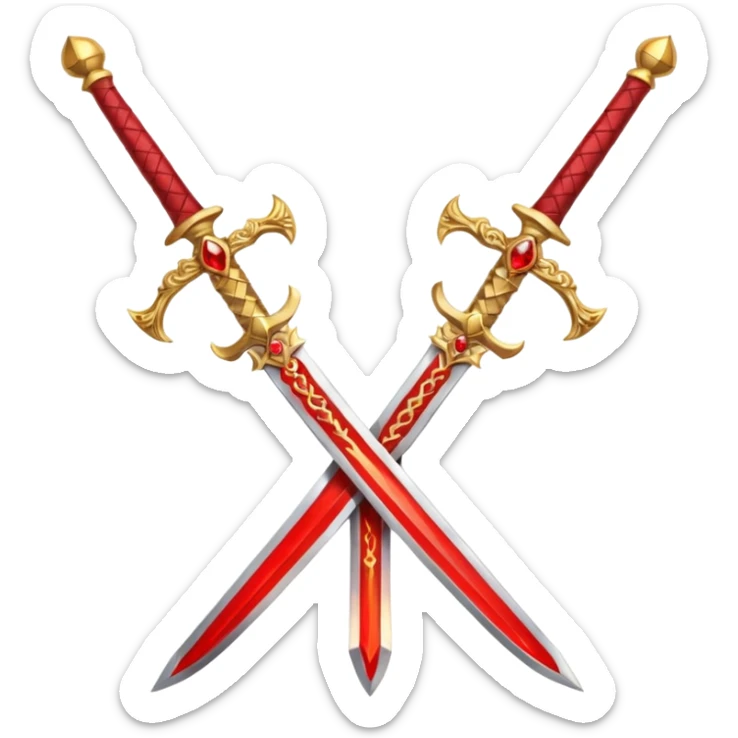 Two crossed swords that are golden in blade and handle and have fiery and royal appearence to them as well as red gem stones sticker