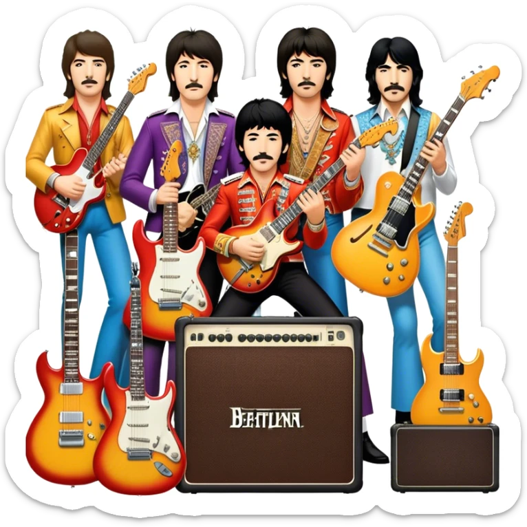 Rock music icon: dynamic collage of global rock legends like The Beatles, Jimi Hendrix, Elvis Presley, Led Zeppelin, Queen, and Nirvana, surrounded by guitars, amplifiers, and stage lights. Symbolizing the energy and power of rock music. Transparent background. sticker