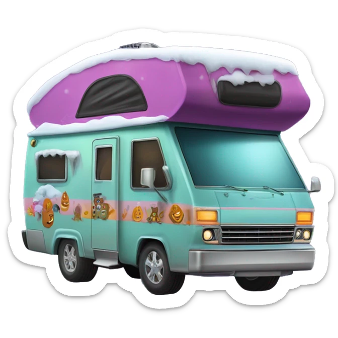 very expensive but haunted horror dream rv camper for Scooby Doo and the kids in the gang and Barbie while it’s cold and snowing hard outside. A Spare Tire with it’s cover is attached to front of the vehicle.  sticker