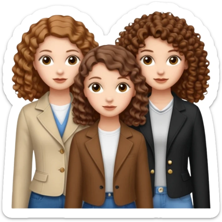 3 white girls, all of off this with brown hair but one whit straight one whit curly and one whit very curly(aesthetic)and chic clothes y2k, this girl have around 14 years, remember one girl does have straight hair  sticker