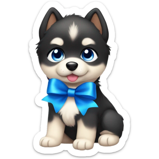 One black and beige pomsky puppy with blue eyes and a blue ribbon in his head really cute and adorable  sticker