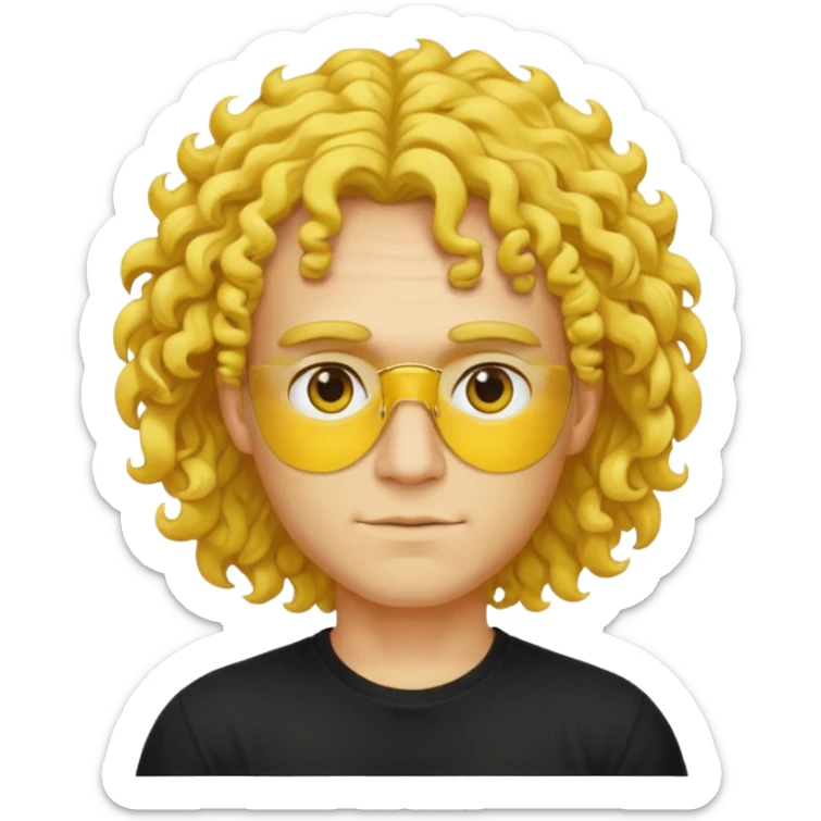 a yellow-faced standard man with mid-long curly hair wearing a black t-shirt, face and shoulders. The yellow of the face is very bright. sticker