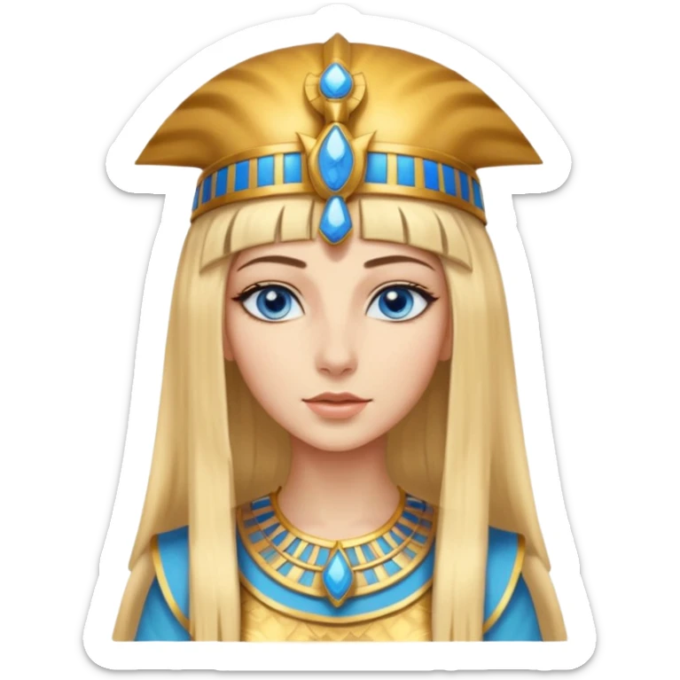Cleopatra vestita da faraone con il cappello da faraone ma con gli occhi azzurri e i capelli lunghi biondi non troppo chiari con il cappello da faraone dorato senza frangia capelli medio lunghi   sticker