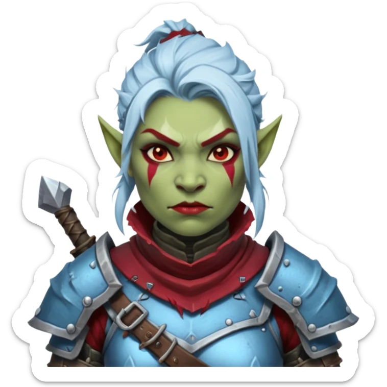 
Fantasy Christmas orc legion soldier icon, iron tundra army theme, heavy winter armor, disciplined brutal look, icy blue steel armor with deep crimson accents, frozen metal texture, cold winter atmosphere, female variant
 sticker