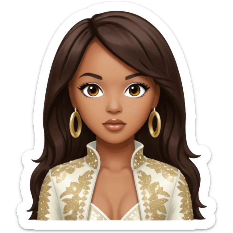 LeToya Luckett from Destiny's Child with long dark brown hair, ivory sequin outfit sticker