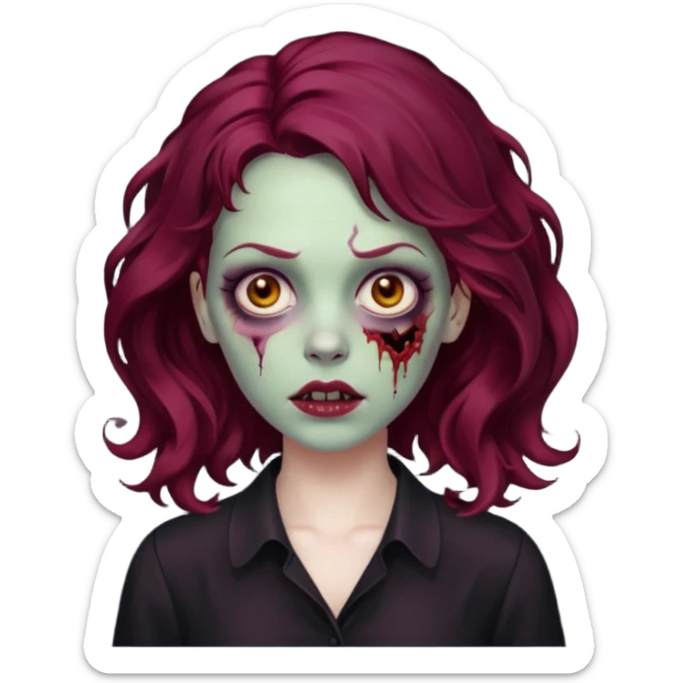 Faça me um emoji de um zumbi mulher de cabelos vermelho borgonha ondulado usando uma blusa preta sticker