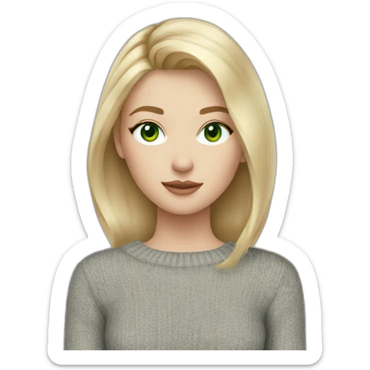 medium blonde girl with page cut, eyeliner, green eyes, pale skin and a grey sweater sticker