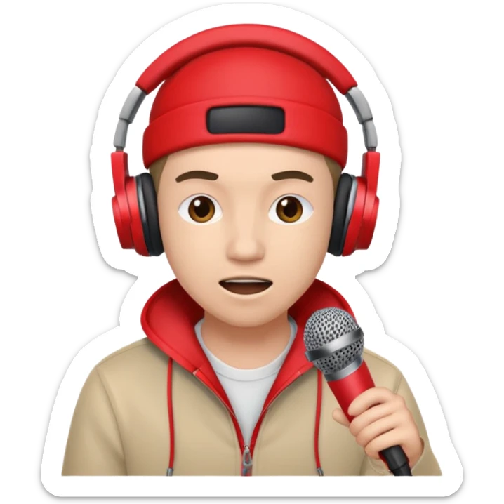 emoji de persona haciendo beatbox con un micrófono y unos audífonos rojos puestos sticker