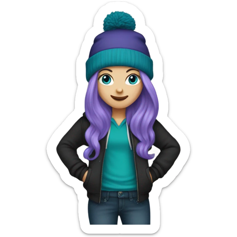 White girl, blue eyes, long teal hair, purple beanie hat, black hoodie, blue jeans, black shoes sticker