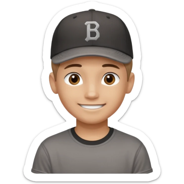 Create a teen boy wearing a faded black T-shirt. He will have light brown hair that is buzzed, tan skin, and dark brown eyes. He is wearing a gray baseball hat turned backwards. He is smiling sticker
