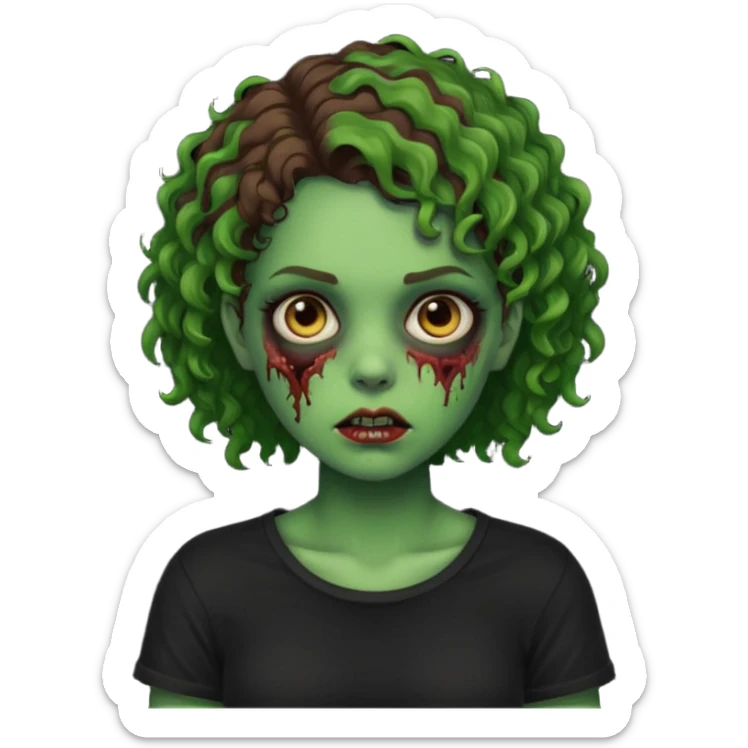 Zombie girl emoji verde com cabelo curto cacheado castanho no ombro com uma blusa preta sticker