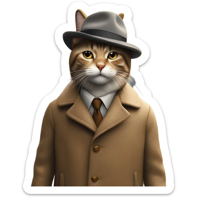 A stylish cat walking on two legs, wearing a wool coat and a hat, on a city street covered in golden autumn leaves, overcast sky, cozy autumn atmosphere, highly detailed, cinematic lighting, ultra-realistic, fashionable cat, street style sticker