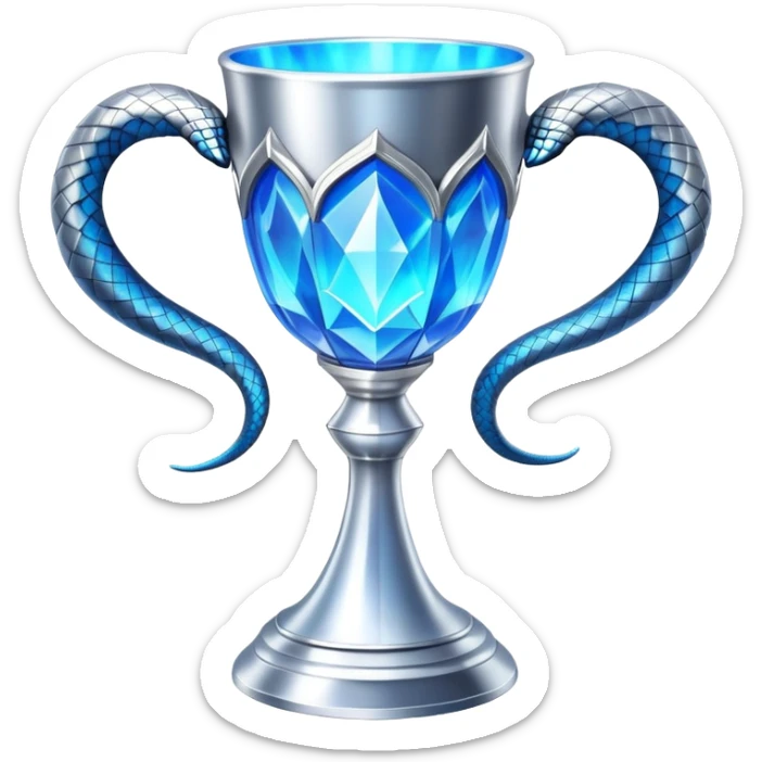 movie-accurate Triwizard Cup trophy from Harry Potter, identical to film prop, wide silver goblet with angular geometric facets, two large curved silver snake handles on opposite sides, bright ethereal blue glow sticker