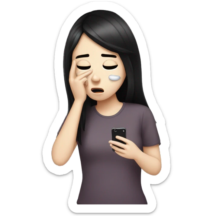 A girl with white skin and dark hair is crying, tears, holding her phone in her hand and pressing her finger on it and looking into it   sticker