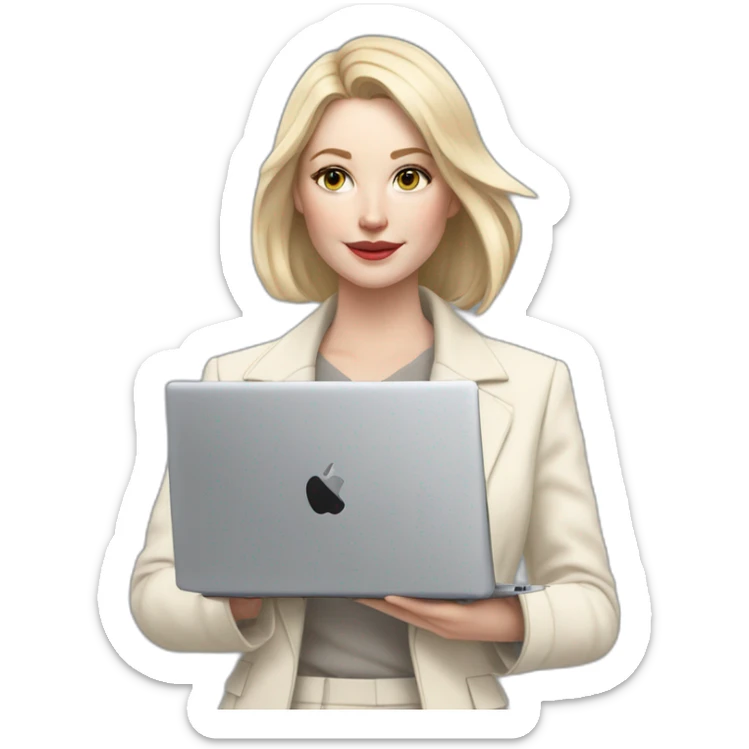 pale skin woman with ash blonde Straightened bob Hair, White Spacious classical jacket, beige palazzo Arrow pants and gray blouse holding a MacBook in the hands sticker