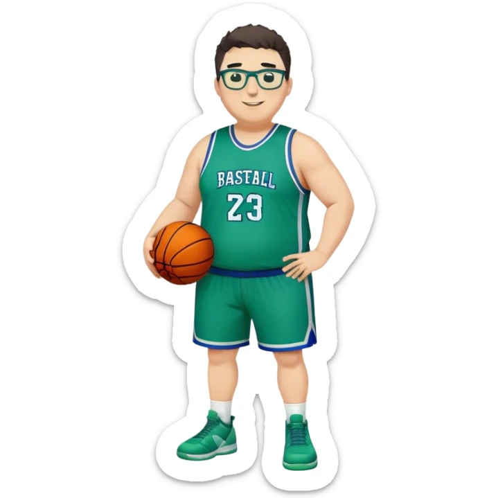Full Body overweight white male with dark short spike hair basketball player wearing glasses wearing blue green uniform smiling sticker