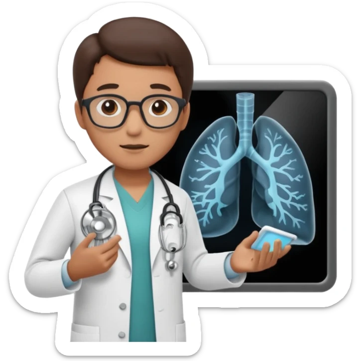 A 3D cartoon doctor examining a lung X-ray on a lightboard, medical room background, Memoji-style realism. sticker