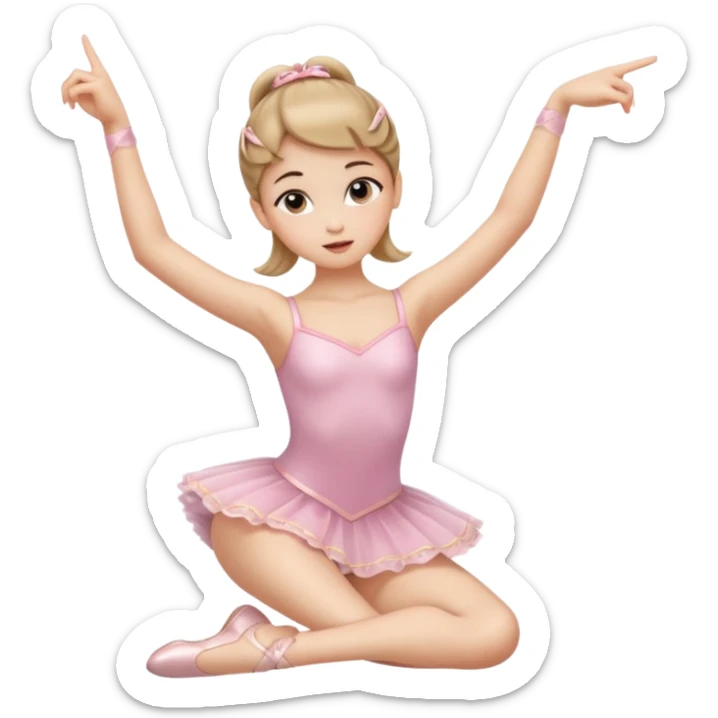 Una chica con vestuario de bailarina con las piernas flexionadas, el dedo índice en la boca, el tren superior inclinado hacia la izquierda y con la cadera proyectada hacia la izquierda sticker