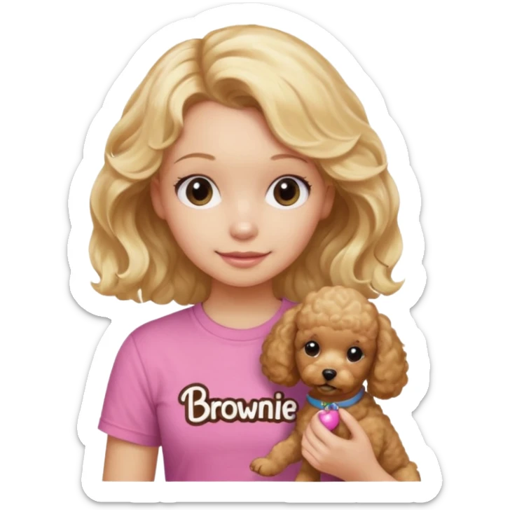 hazme un emoji que sea una niña rubi con el pelo ondulado i una camiseta rosa que ponga brownie, i acariciando a un perro (caniche toy) sticker