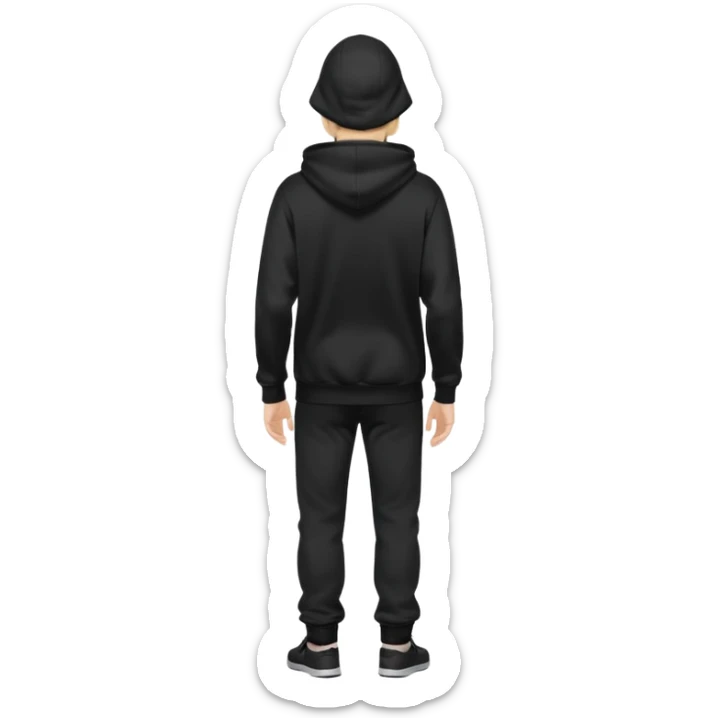 fullbody Mysterious shy caucasian man in black hoodie on head, hands in pockets and black pants rear backview sticker